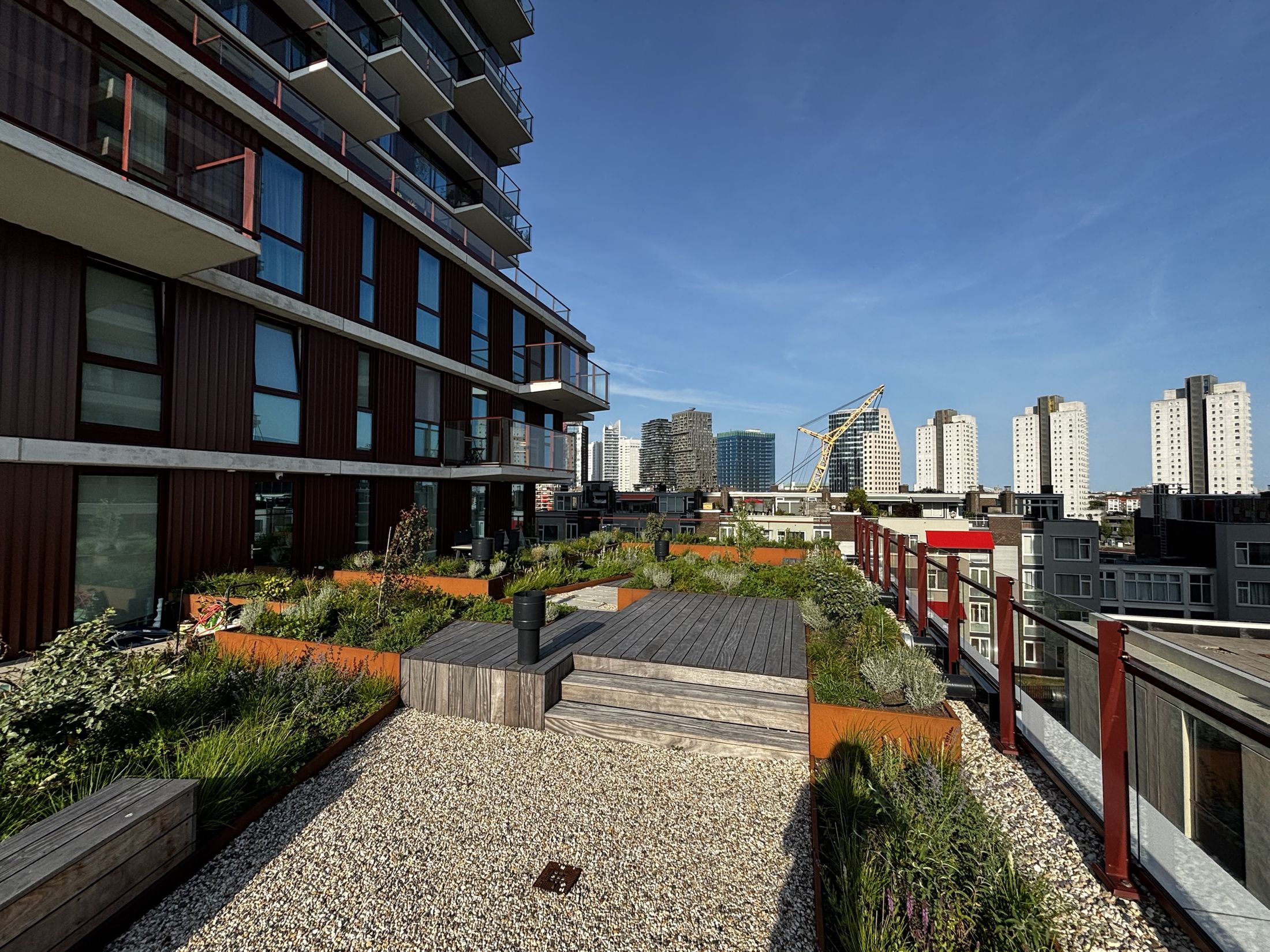 Gemeenschappelijke daktuin van Downtown met uitzicht op de skyline van Rotterdam
