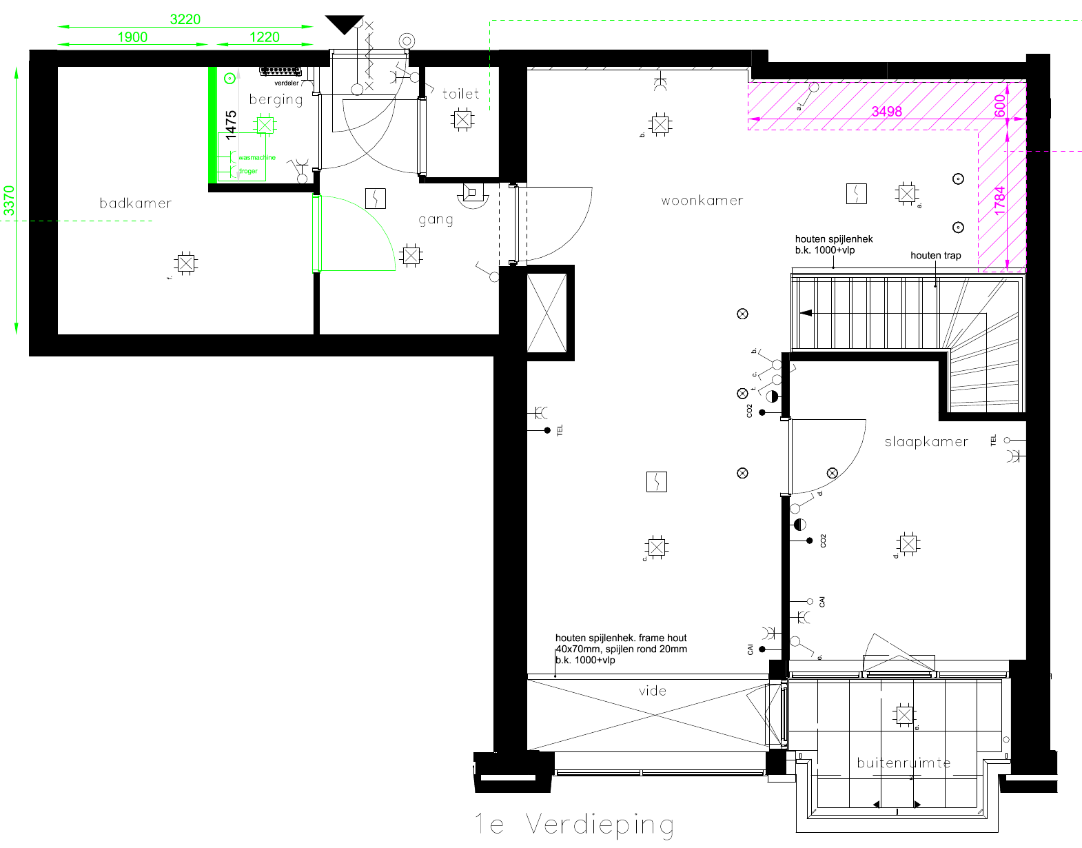 Plattegrond 1e verdieping: woonkamer met keuken, slaapkamer, badkamer, berging, toilet, balkon