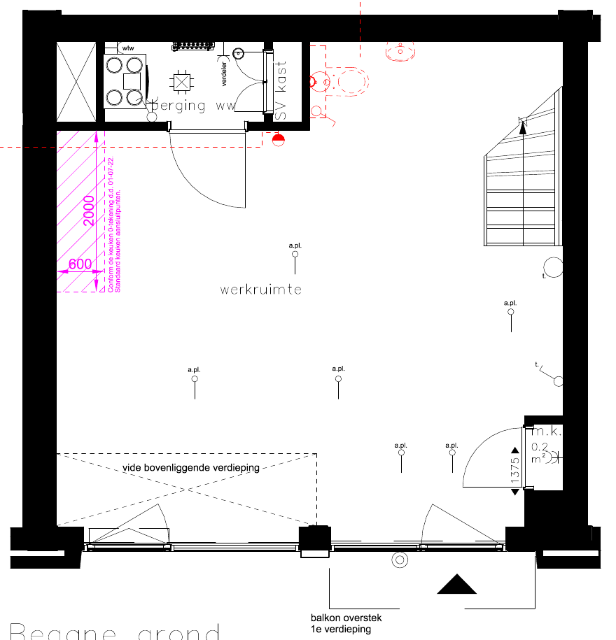 Plattegrond begane grond: open werkruimte, berging, meterkast, trap